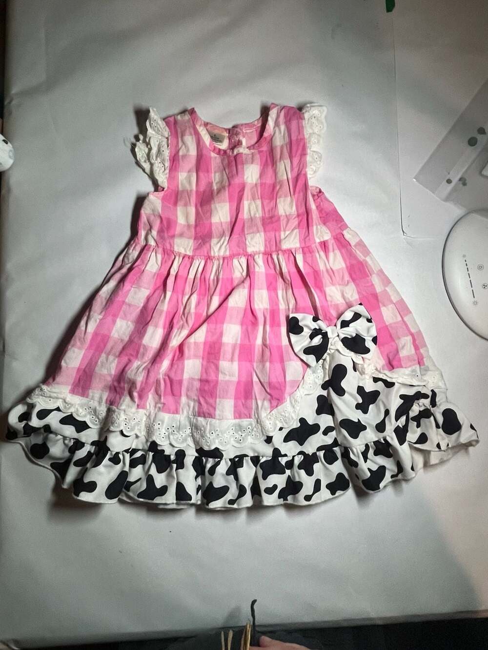 Girls Pink Gingham Cow Print Ruffle Dress Size L